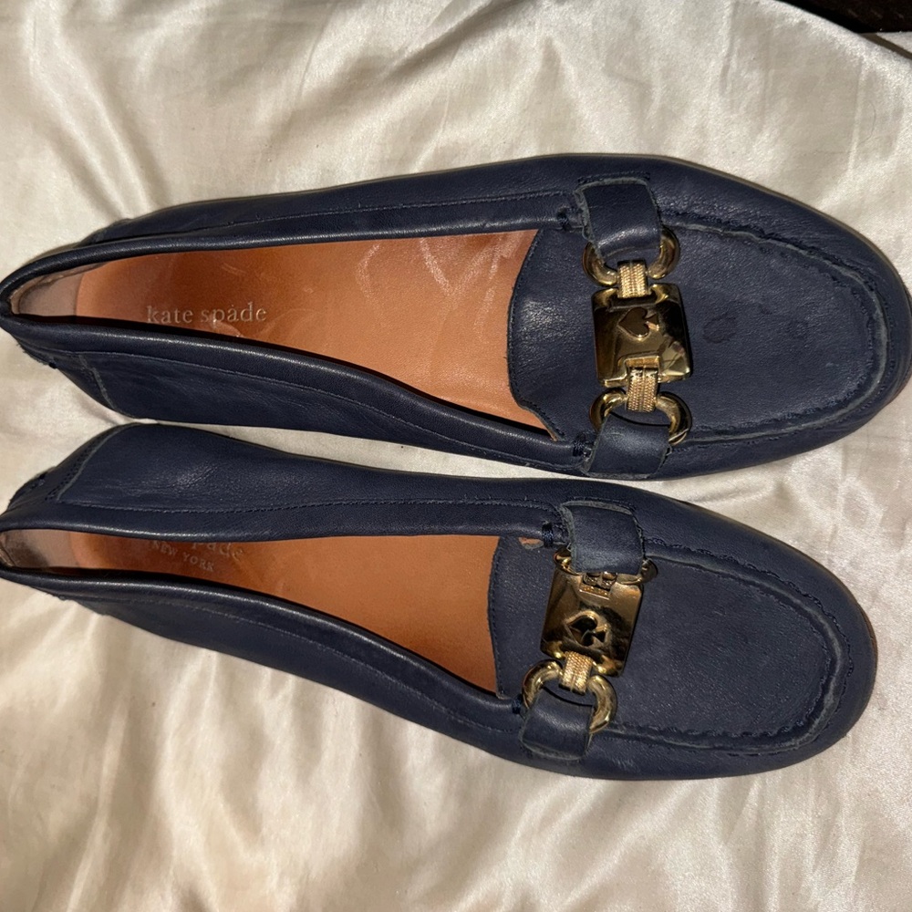 Kate Spade Blue Loafers with Gold Heart Ornament